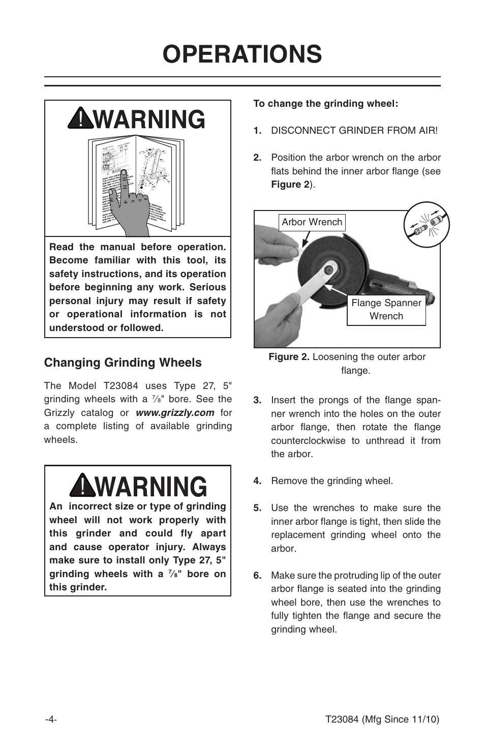 Operations, Changing grinding wheels | Grizzly T23084 User Manual | Page 6 / 8