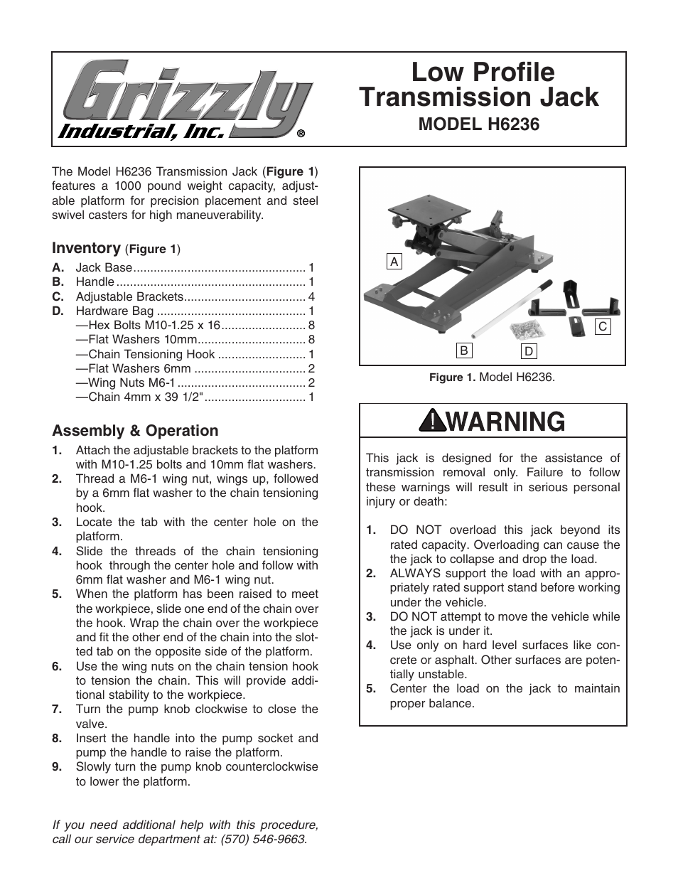 Grizzly Low Profile Transmission Jack h6236 User Manual | 2 pages