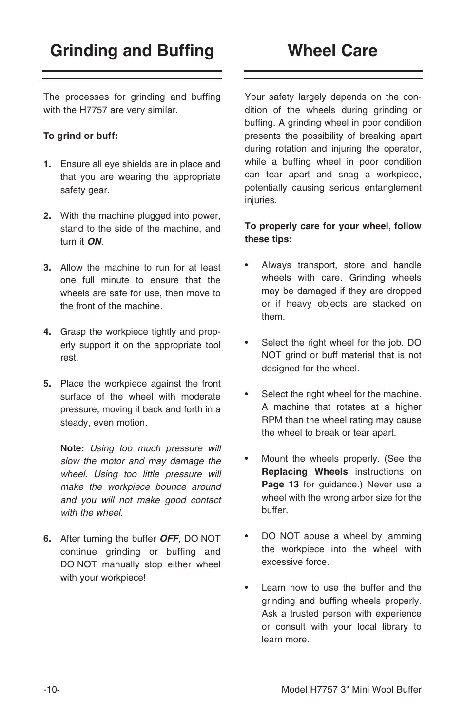 Grinding and buffing wheel care | Grizzly H7757 User Manual | Page 12 / 24