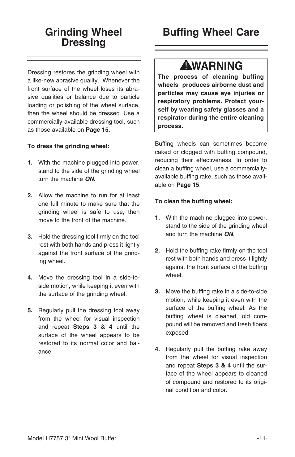 Buffing wheel care, Grinding wheel dressing | Grizzly H7757 User Manual | Page 13 / 24