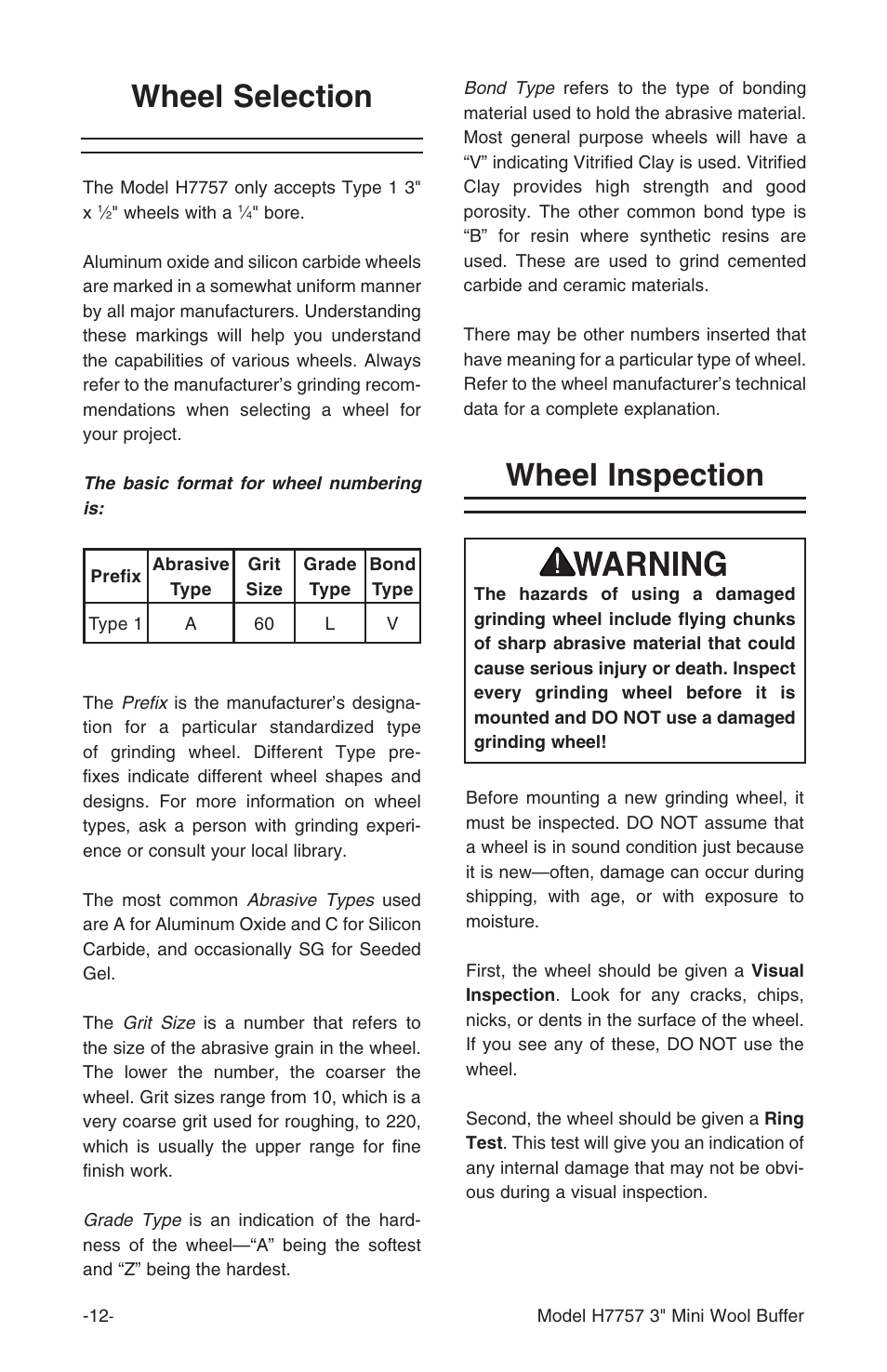 Wheel selection, Wheel inspection | Grizzly H7757 User Manual | Page 14 / 24