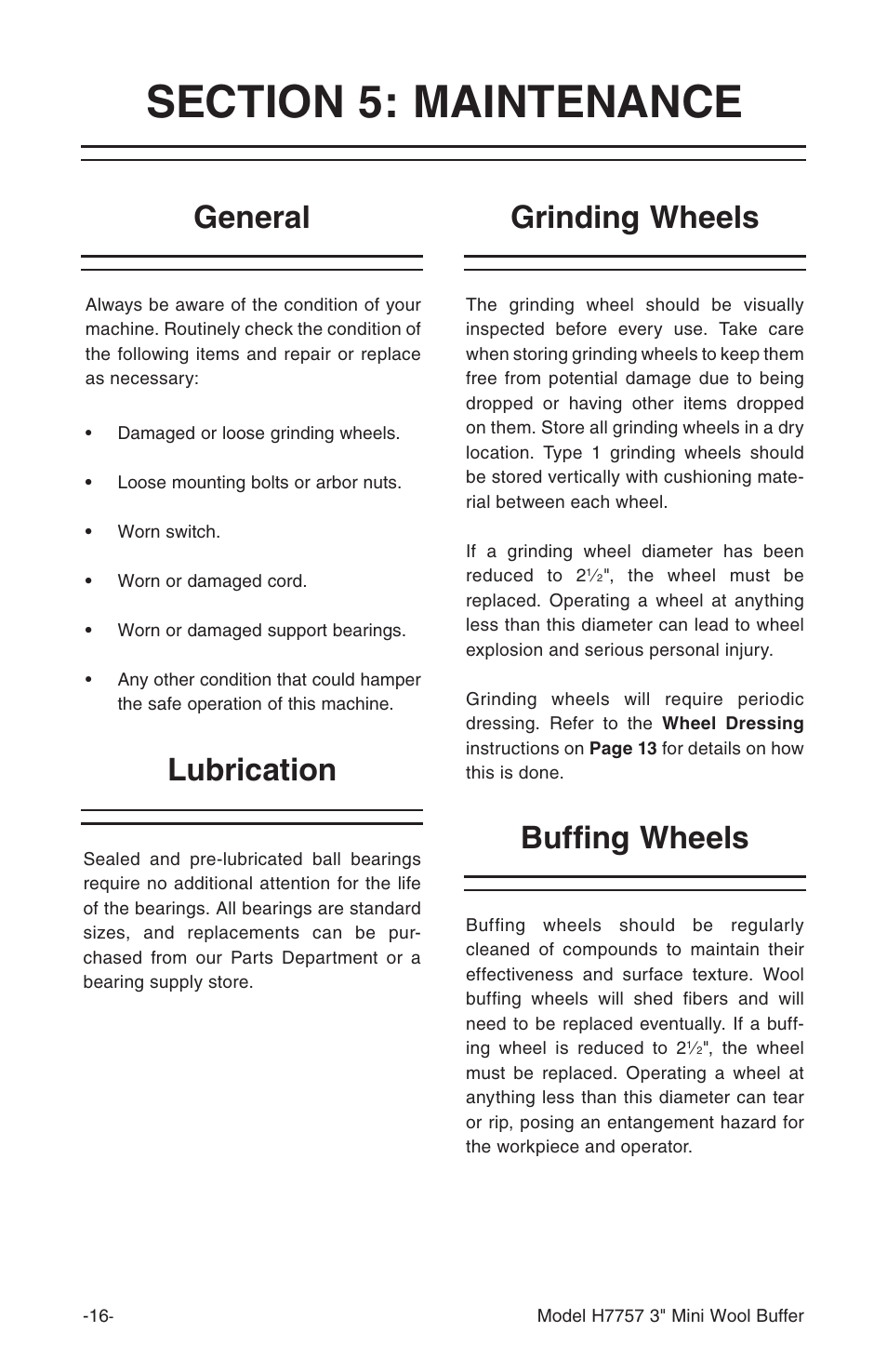 General, Lubrication grinding wheels, Buffing wheels | Grizzly H7757 User Manual | Page 18 / 24