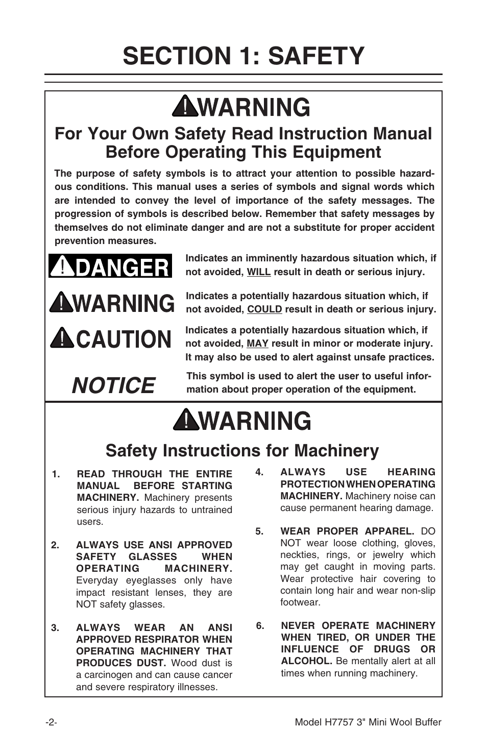 Notice, Safety instructions for machinery | Grizzly H7757 User Manual | Page 4 / 24
