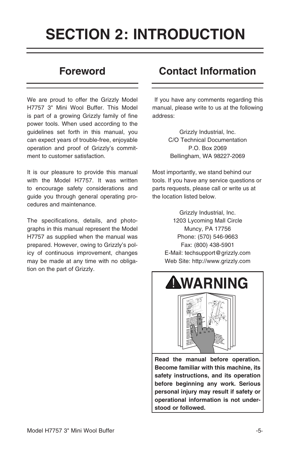 Foreword contact information | Grizzly H7757 User Manual | Page 7 / 24