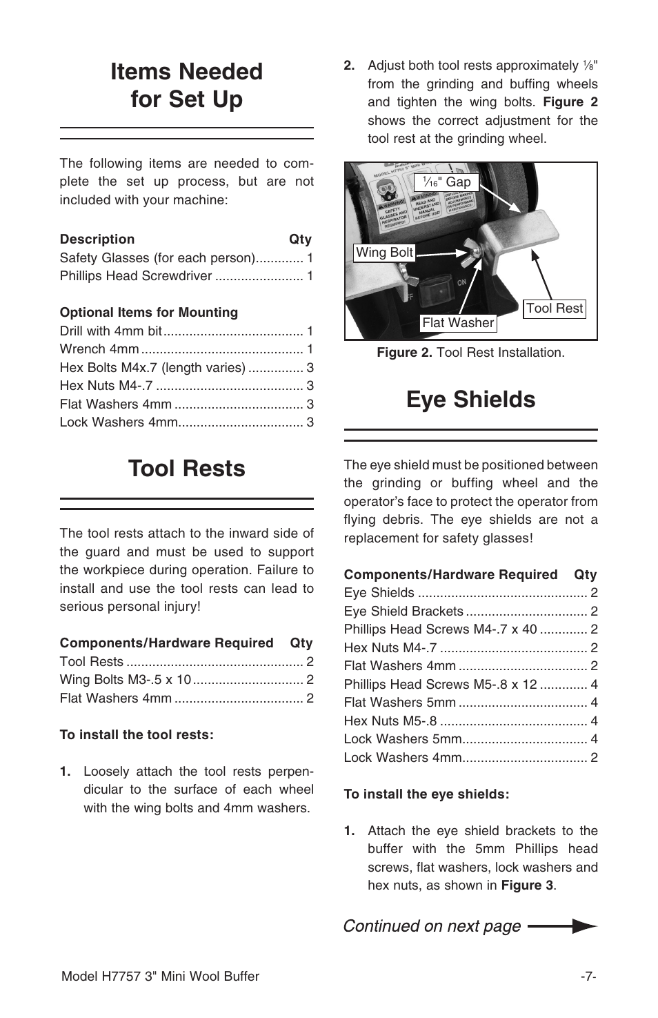 Tool rests, Eye shields items needed for set up | Grizzly H7757 User Manual | Page 9 / 24