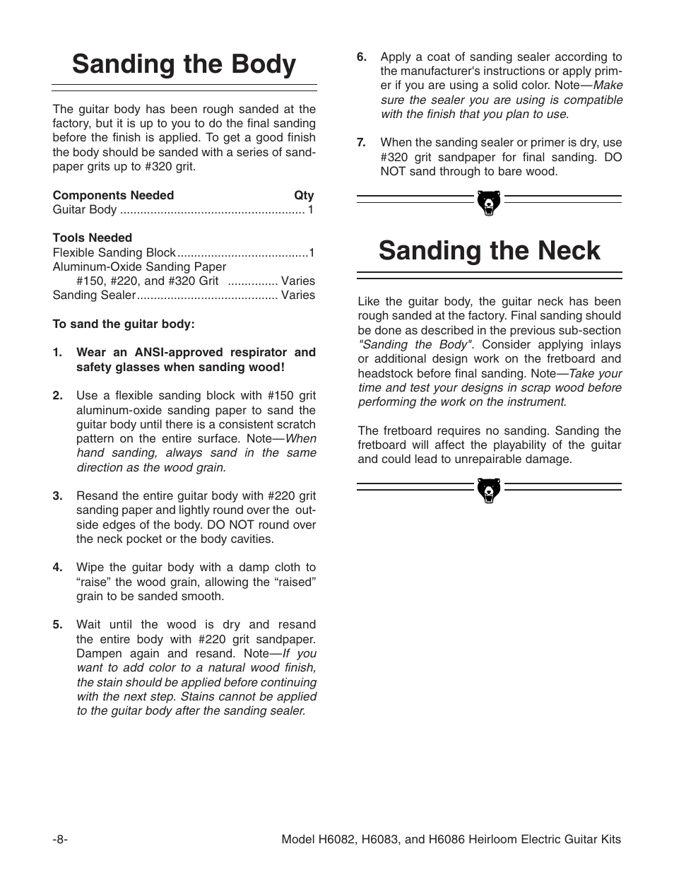 Sanding the neck, Sanding the body | Grizzly H6086 User Manual | Page 10 / 36