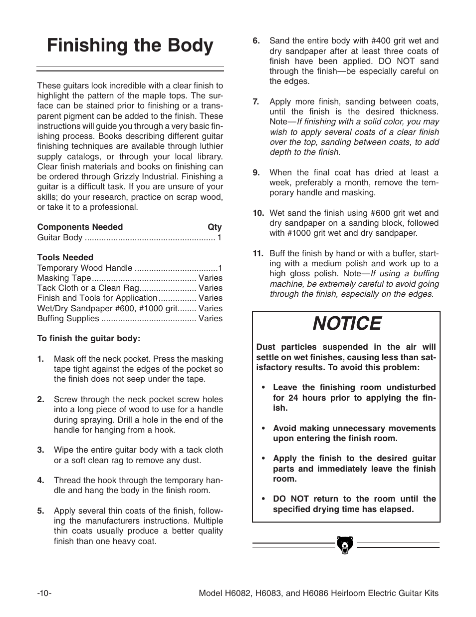Finishing the body notice | Grizzly H6086 User Manual | Page 12 / 36