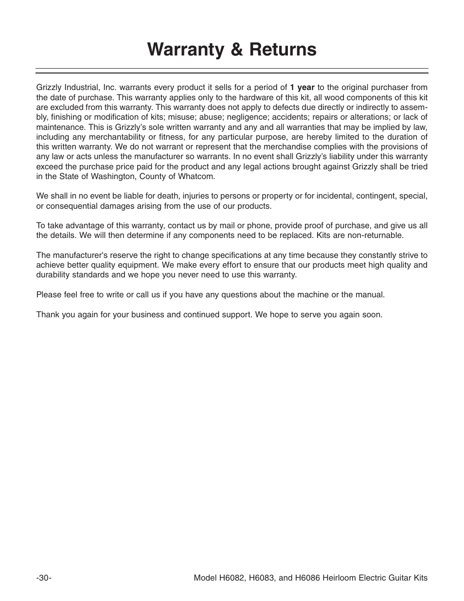Warranty & returns | Grizzly H6086 User Manual | Page 32 / 36