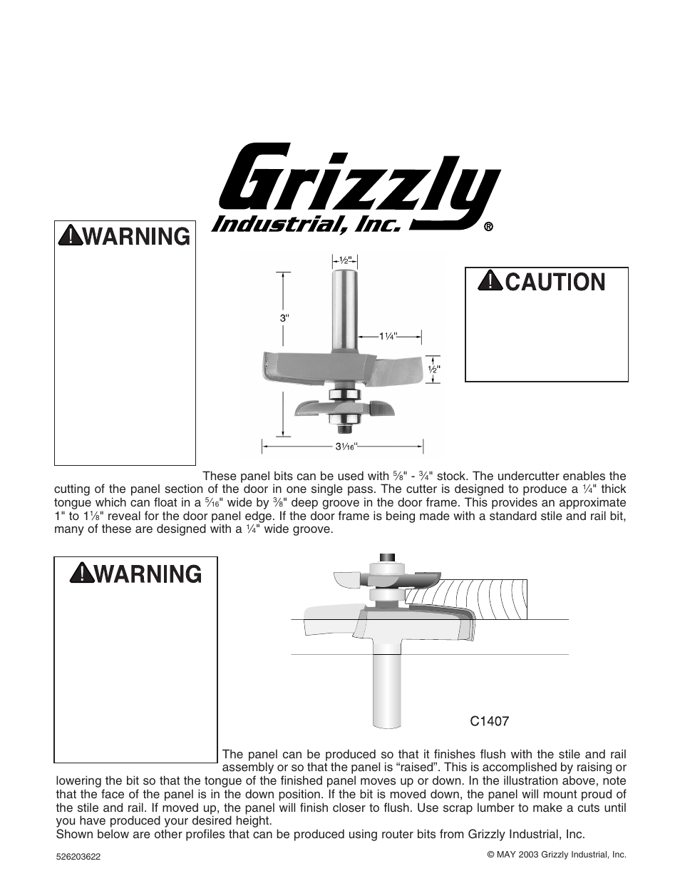 Grizzly 3" Panel Router Bits with Undercutter C1407 User Manual | 2 pages