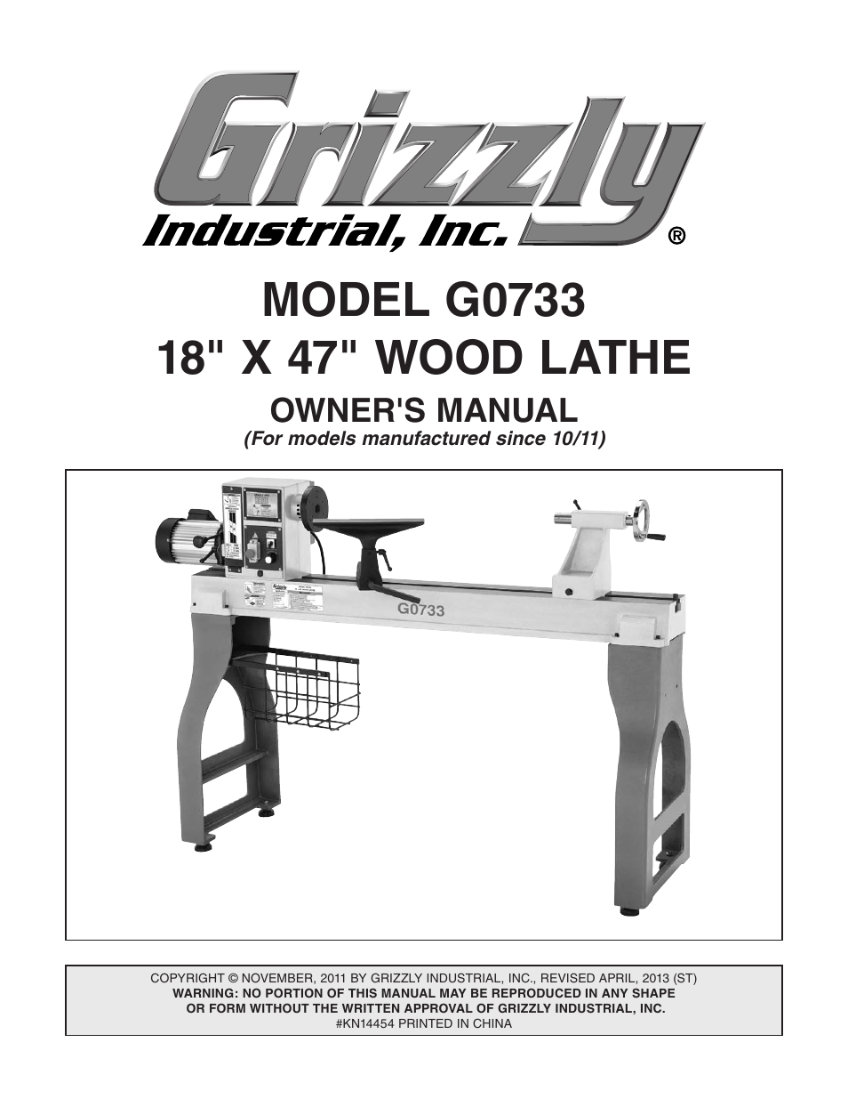 Grizzly 18" x 47" Wood Lathe G0733 User Manual | 52 pages