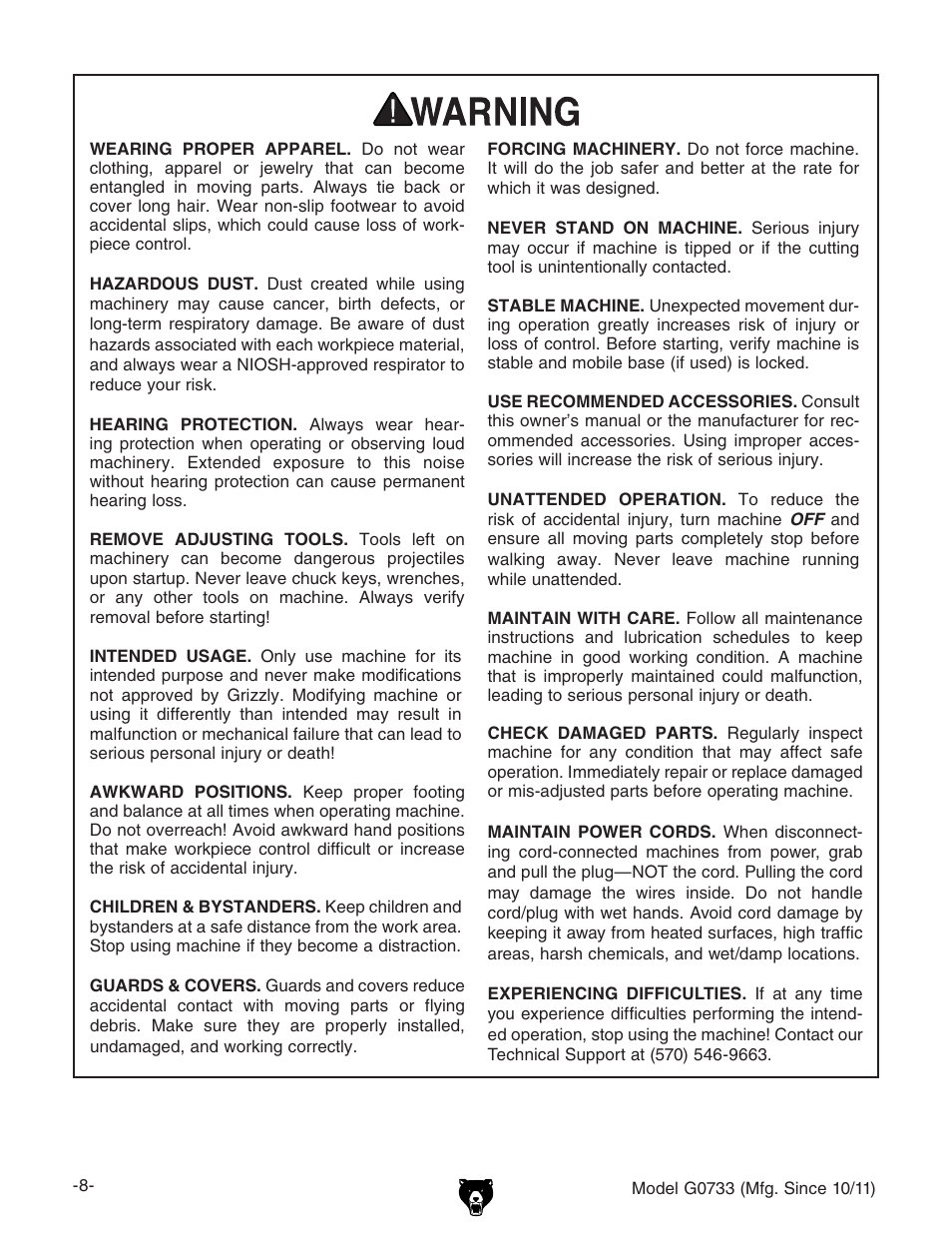 Grizzly 18" x 47" Wood Lathe G0733 User Manual | Page 10 / 52