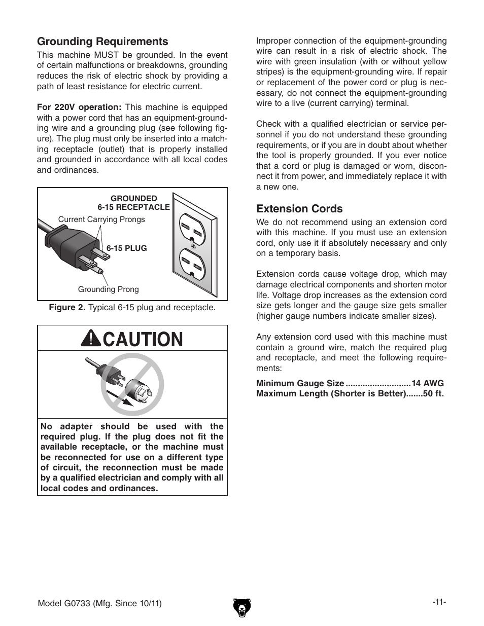 Extension cords, Grounding requirements | Grizzly 18" x 47" Wood Lathe G0733 User Manual | Page 13 / 52