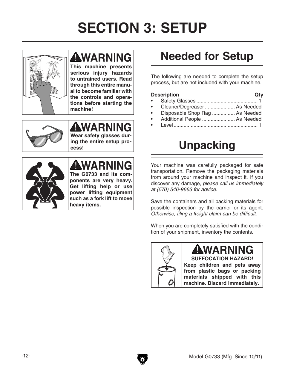 Unpacking, Needed for setup | Grizzly 18" x 47" Wood Lathe G0733 User Manual | Page 14 / 52