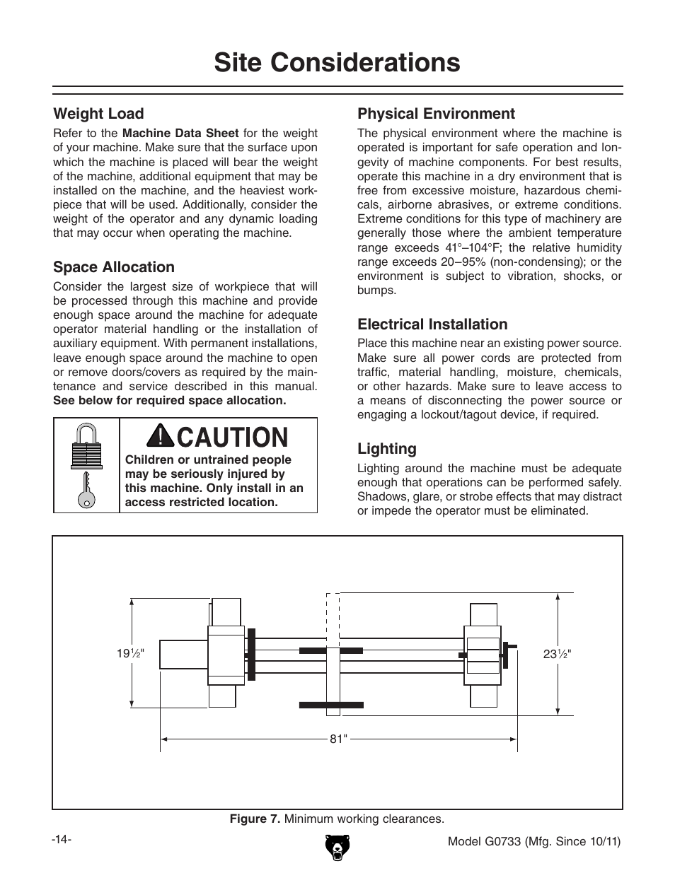 Site considerations, Weight load, Space allocation | Physical environment, Electrical installation, Lighting | Grizzly 18" x 47" Wood Lathe G0733 User Manual | Page 16 / 52