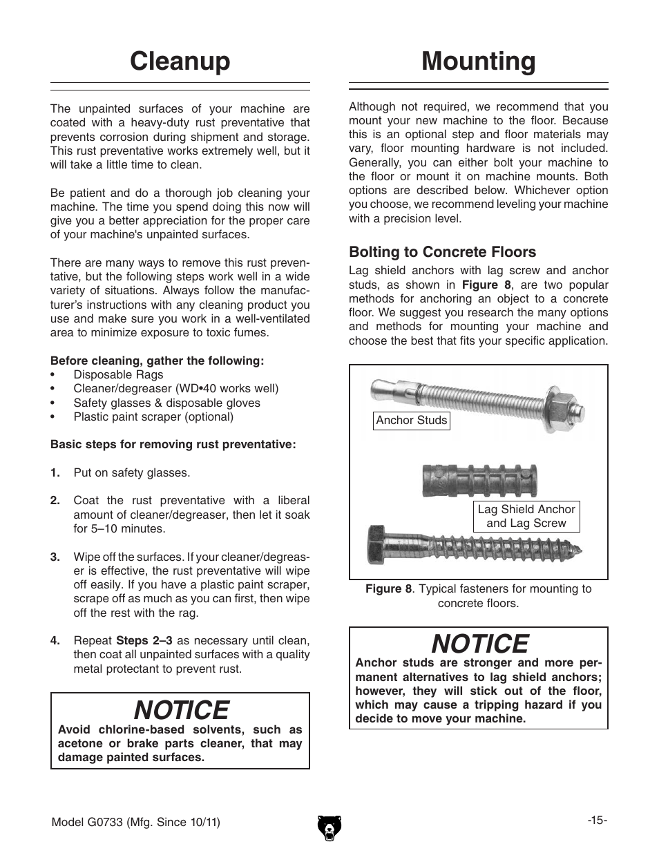 Cleanup, Mounting notice, Notice | Grizzly 18" x 47" Wood Lathe G0733 User Manual | Page 17 / 52