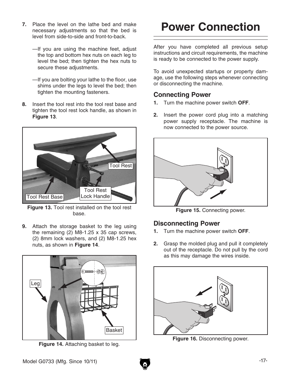 Power connection | Grizzly 18" x 47" Wood Lathe G0733 User Manual | Page 19 / 52