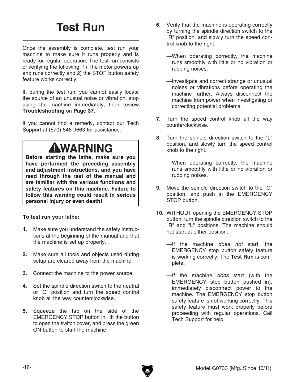 Test run | Grizzly 18" x 47" Wood Lathe G0733 User Manual | Page 20 / 52