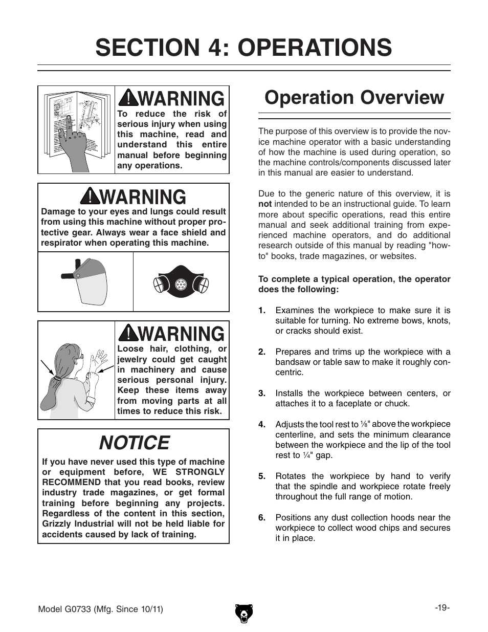 Operation overview, Notice | Grizzly 18" x 47" Wood Lathe G0733 User Manual | Page 21 / 52