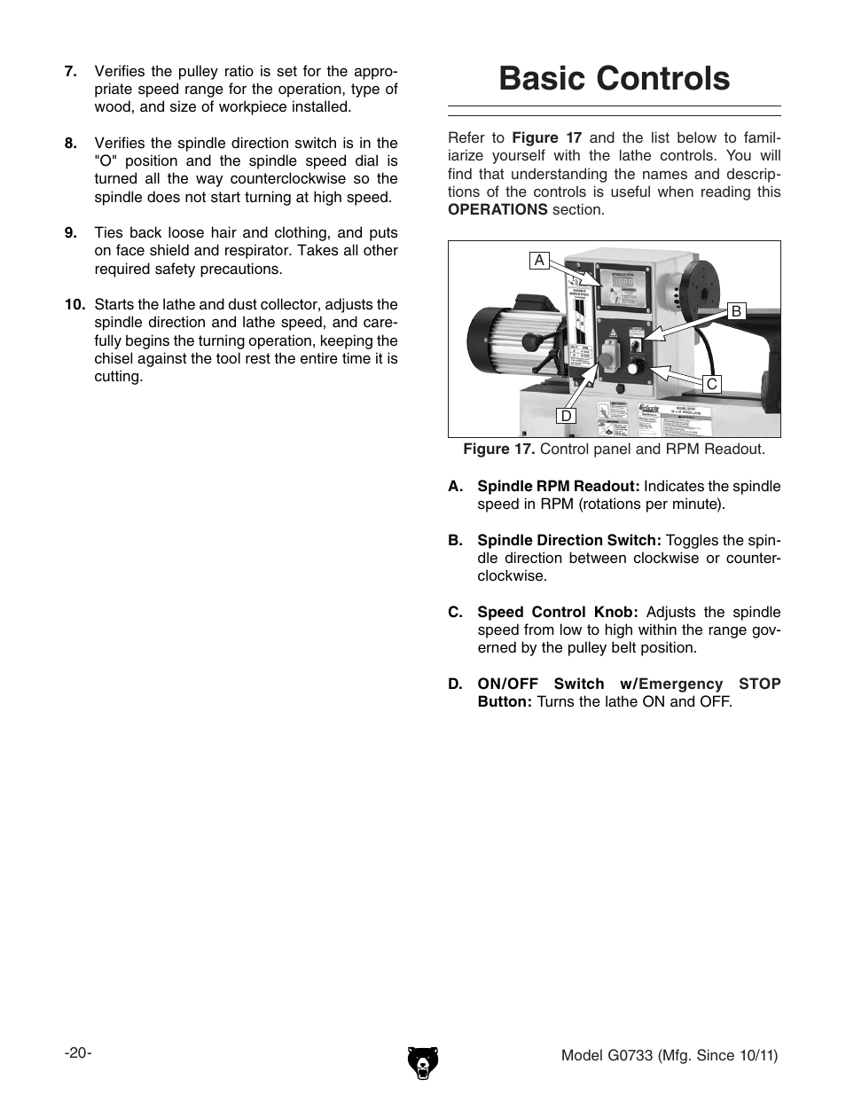 Basic controls | Grizzly 18" x 47" Wood Lathe G0733 User Manual | Page 22 / 52