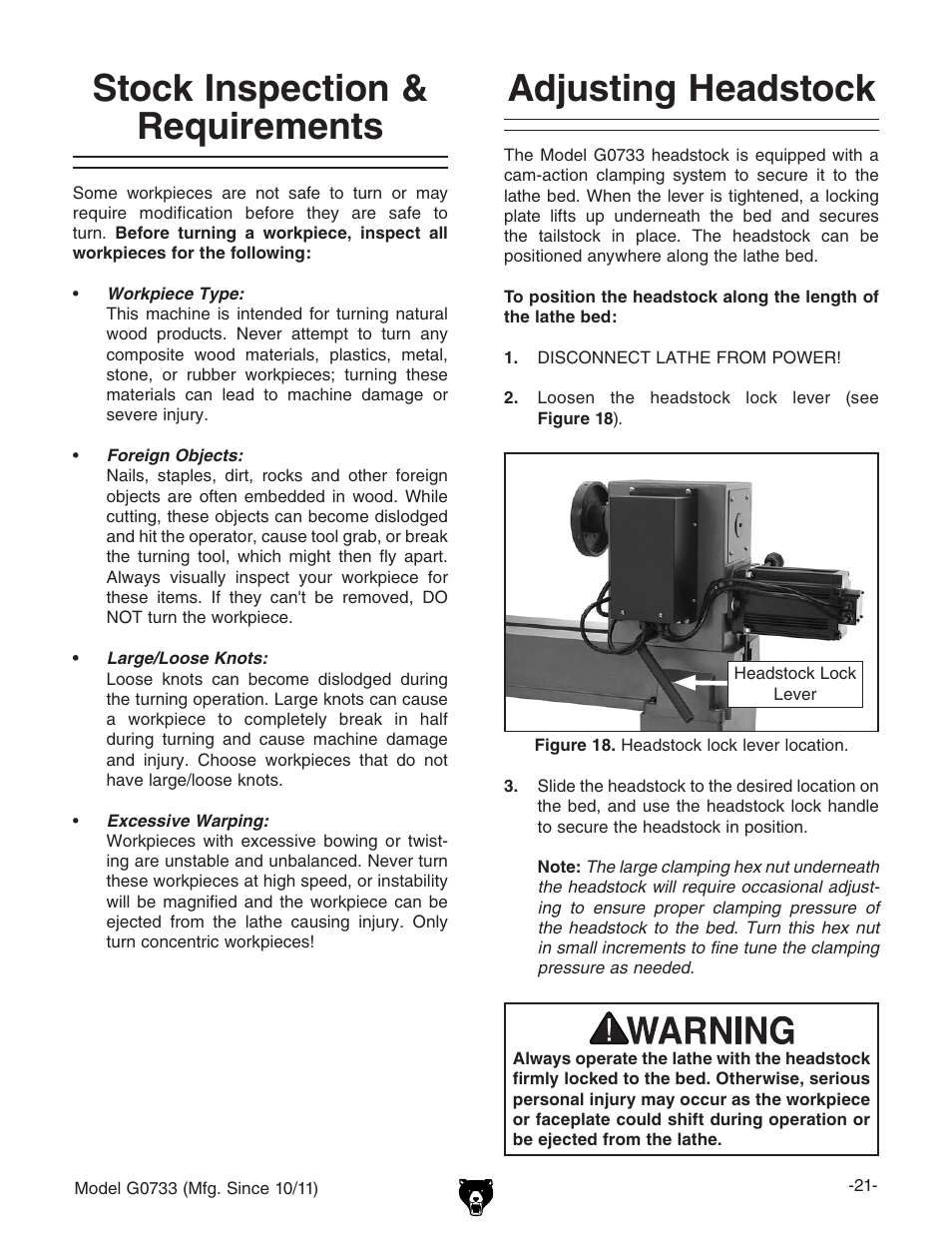 Adjusting headstock, Stock inspection & requirements | Grizzly 18" x 47" Wood Lathe G0733 User Manual | Page 23 / 52