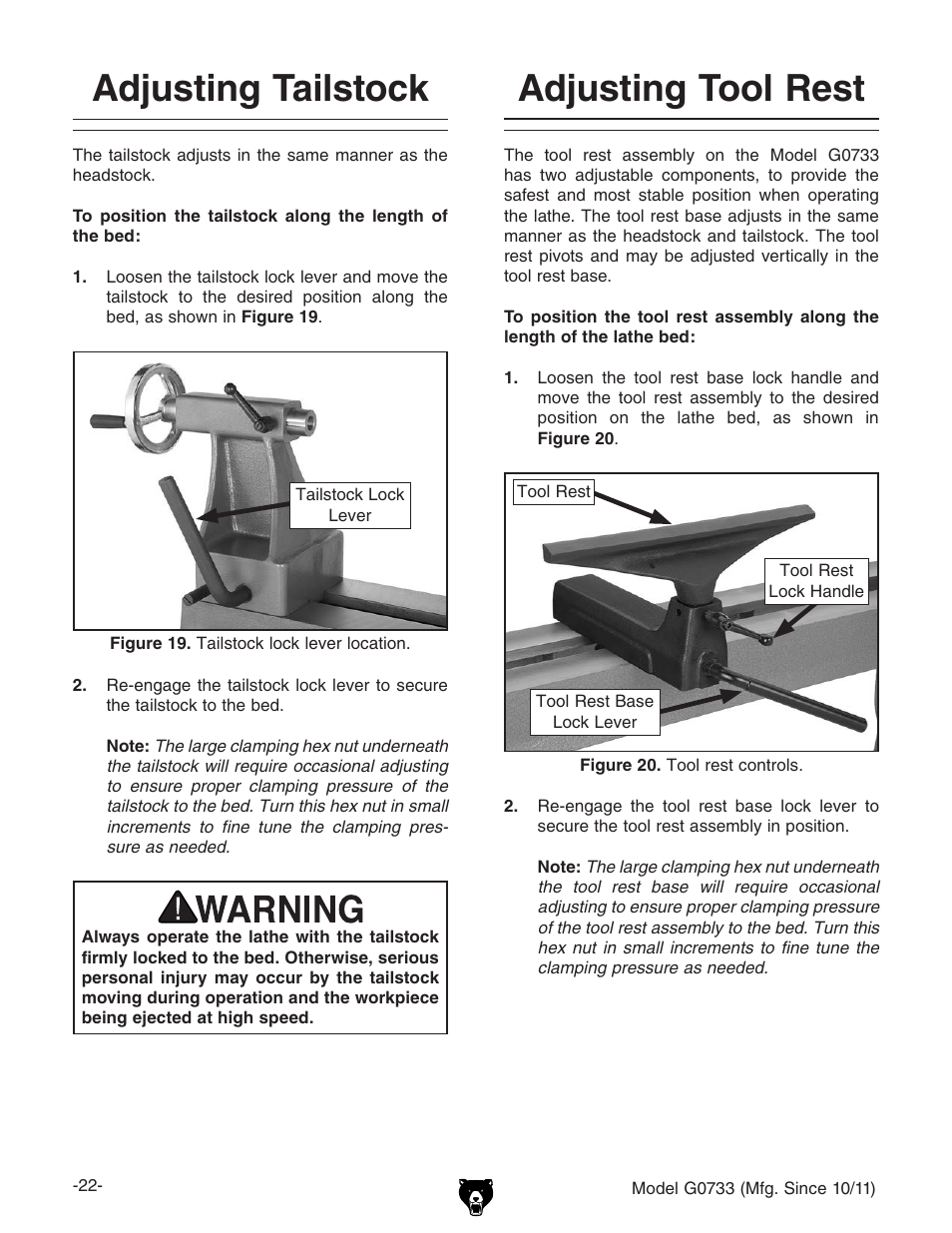 Adjusting tailstock, Adjusting tool rest | Grizzly 18" x 47" Wood Lathe G0733 User Manual | Page 24 / 52