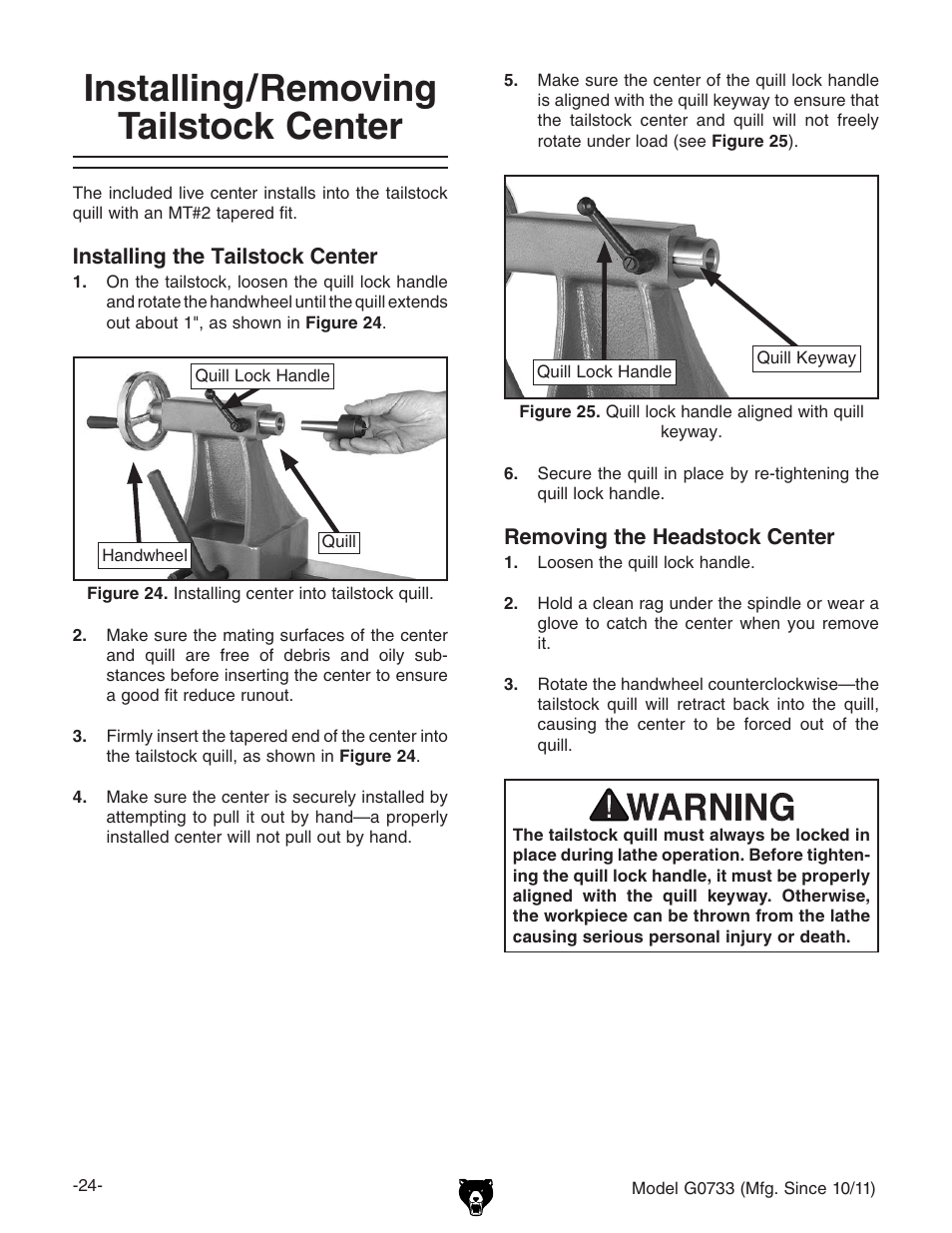 Installing/removing tailstock center | Grizzly 18" x 47" Wood Lathe G0733 User Manual | Page 26 / 52