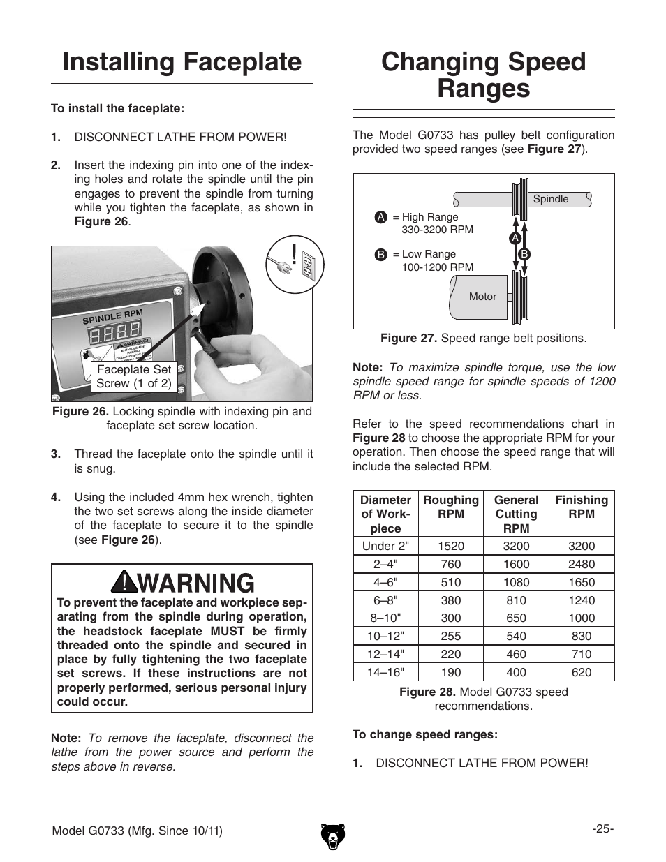 Installing faceplate, Changing speed ranges | Grizzly 18" x 47" Wood Lathe G0733 User Manual | Page 27 / 52