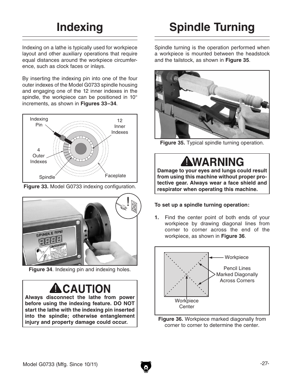 Indexing, Spindle turning | Grizzly 18" x 47" Wood Lathe G0733 User Manual | Page 29 / 52