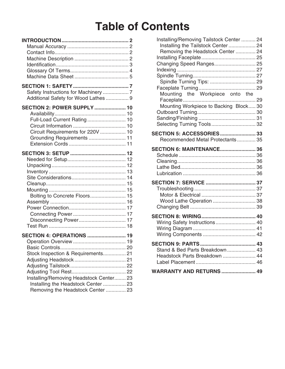 Grizzly 18" x 47" Wood Lathe G0733 User Manual | Page 3 / 52