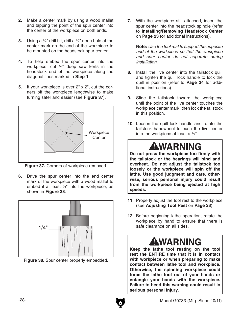 Grizzly 18" x 47" Wood Lathe G0733 User Manual | Page 30 / 52