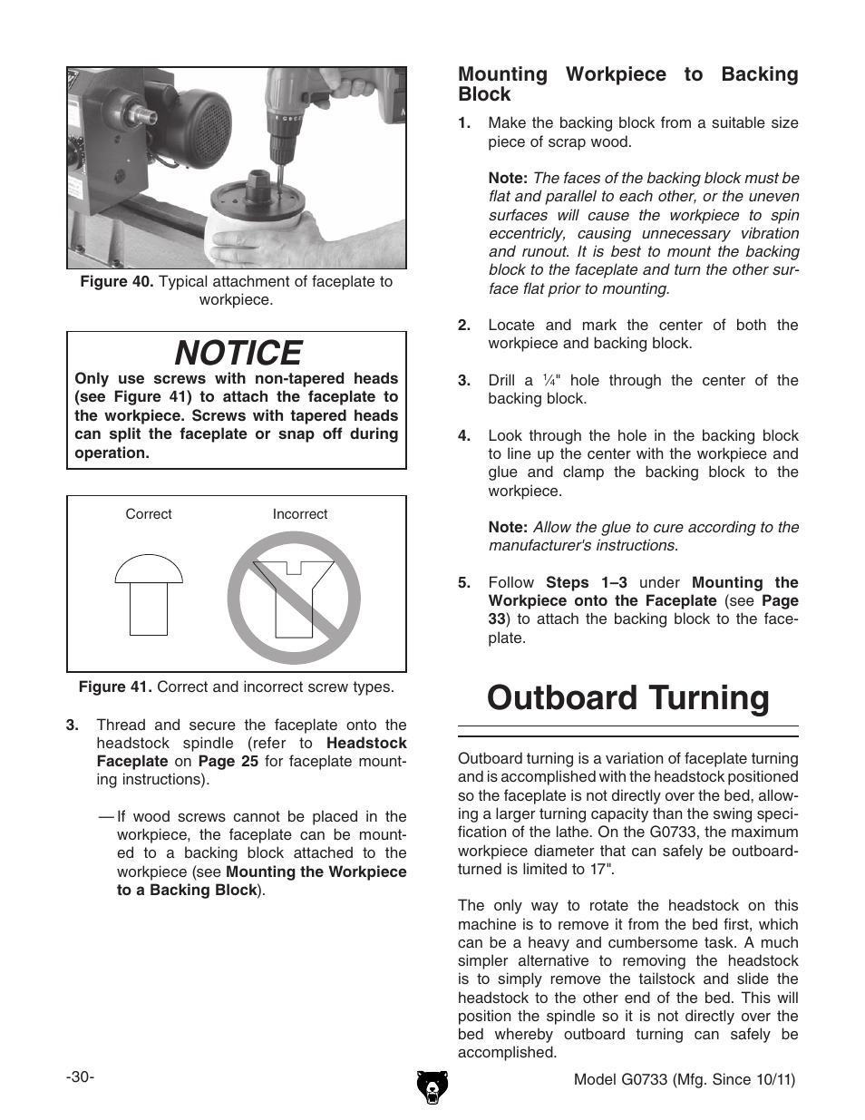 Notice, Outboard turning | Grizzly 18" x 47" Wood Lathe G0733 User Manual | Page 32 / 52