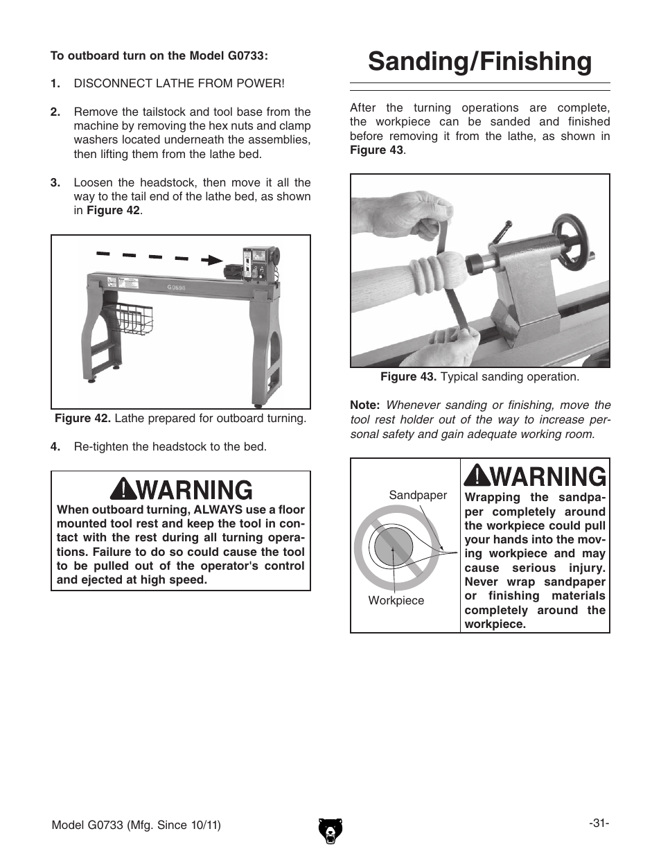 Sanding/finishing | Grizzly 18" x 47" Wood Lathe G0733 User Manual | Page 33 / 52