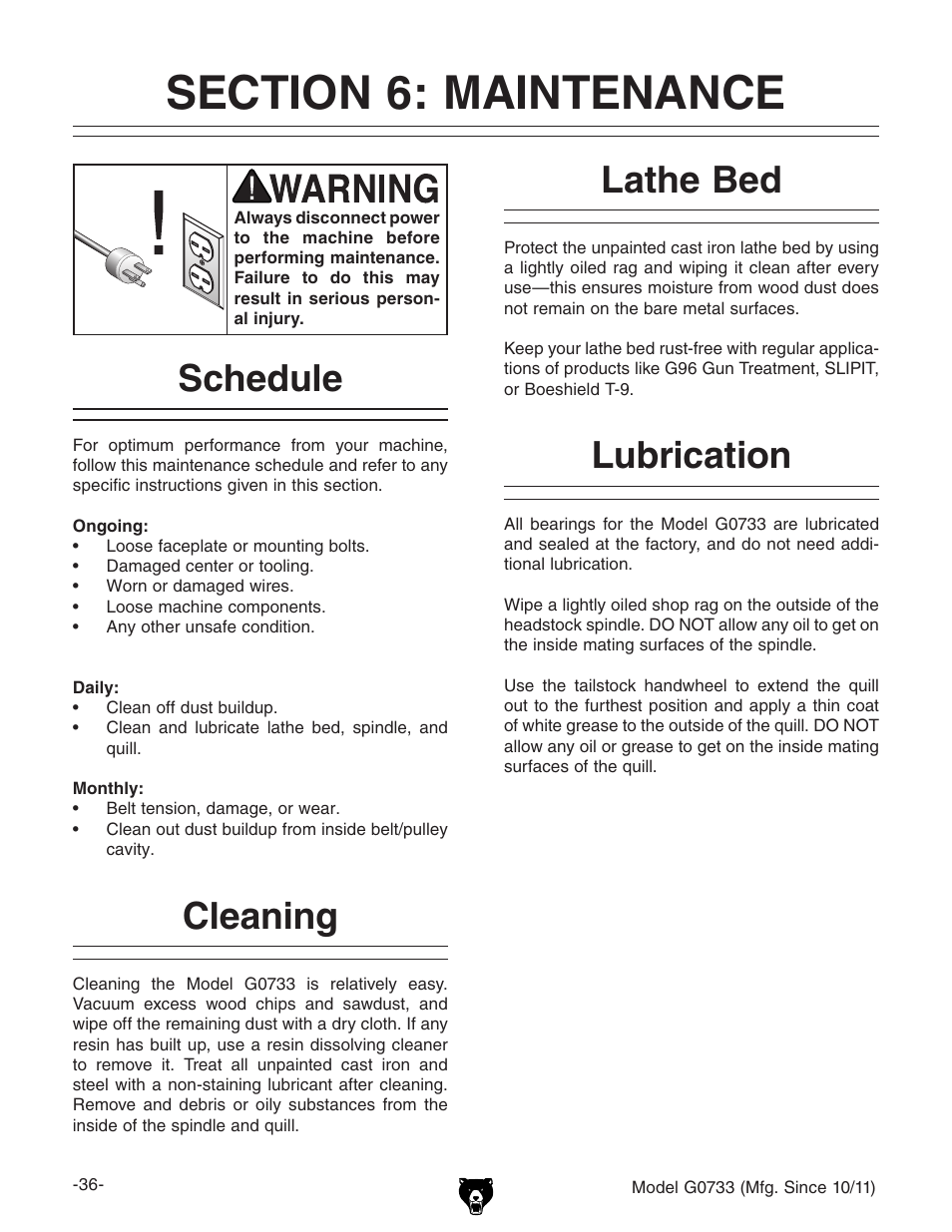 Schedule, Cleaning, Lathe bed lubrication | Grizzly 18" x 47" Wood Lathe G0733 User Manual | Page 38 / 52
