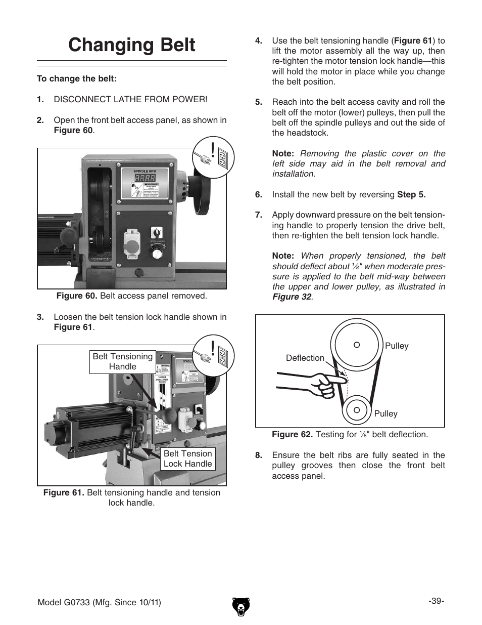 Changing belt | Grizzly 18" x 47" Wood Lathe G0733 User Manual | Page 41 / 52