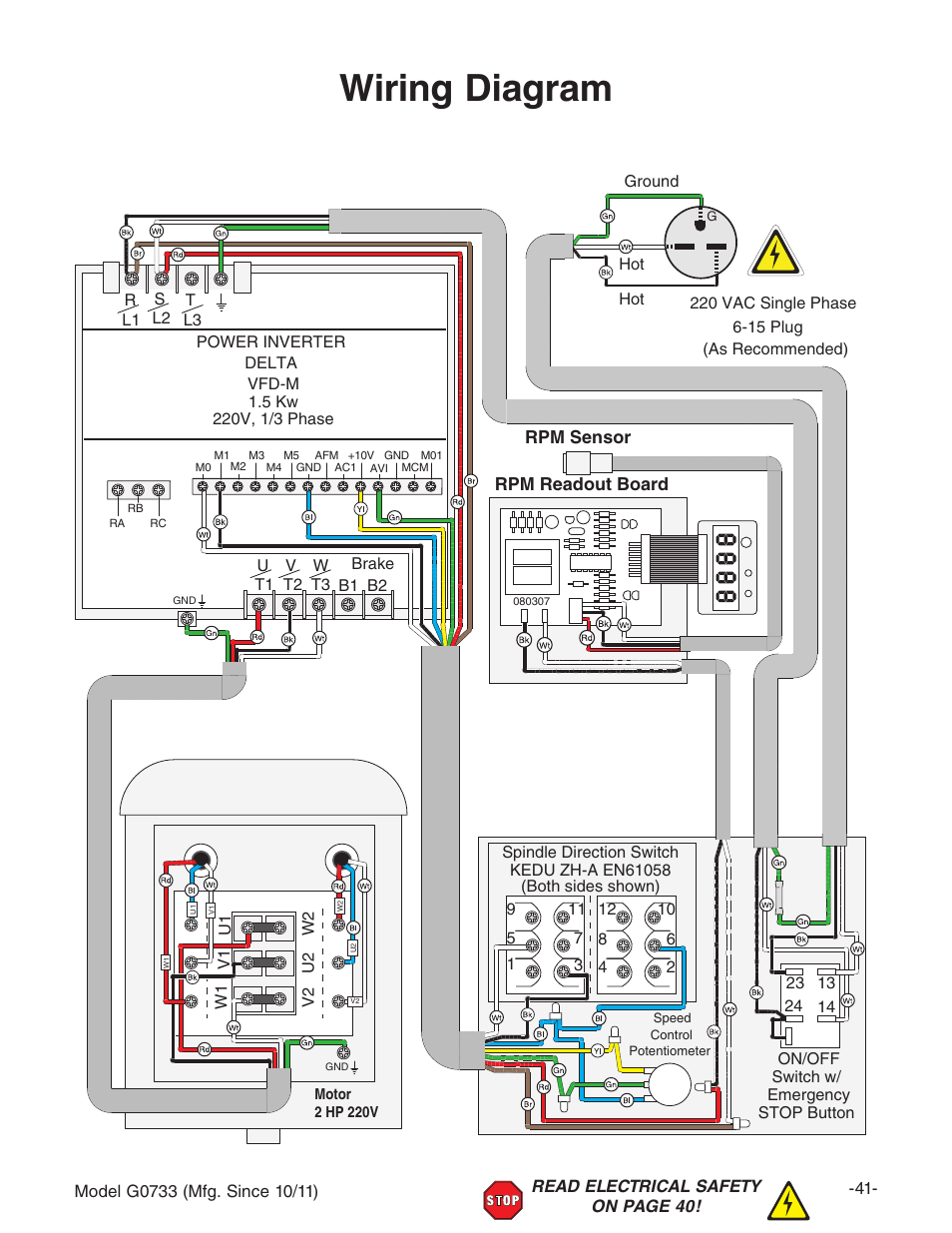 Wiring diagram, Rpm sensor rpm readout board | Grizzly 18" x 47" Wood Lathe G0733 User Manual | Page 43 / 52