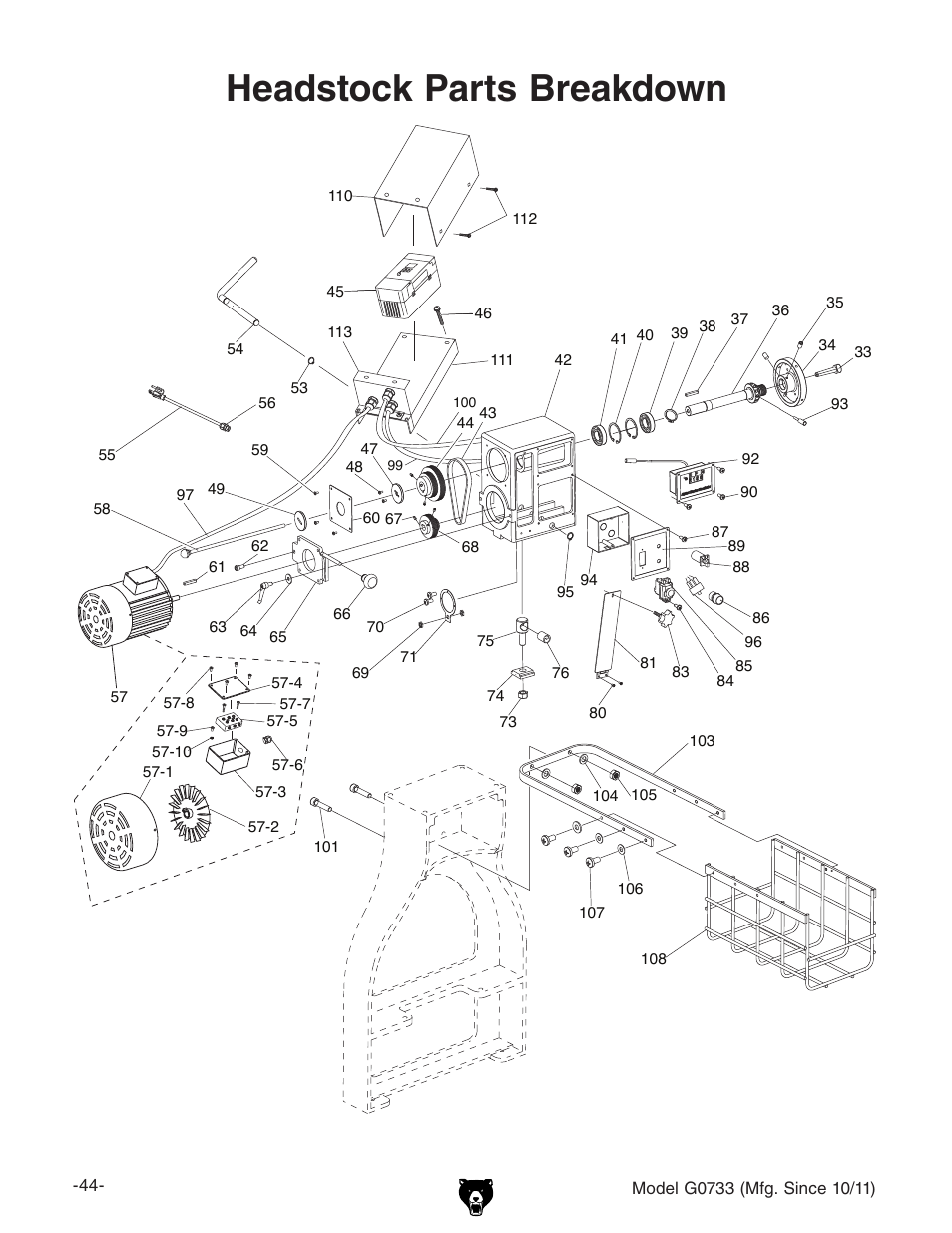 Headstock parts breakdown | Grizzly 18" x 47" Wood Lathe G0733 User Manual | Page 46 / 52