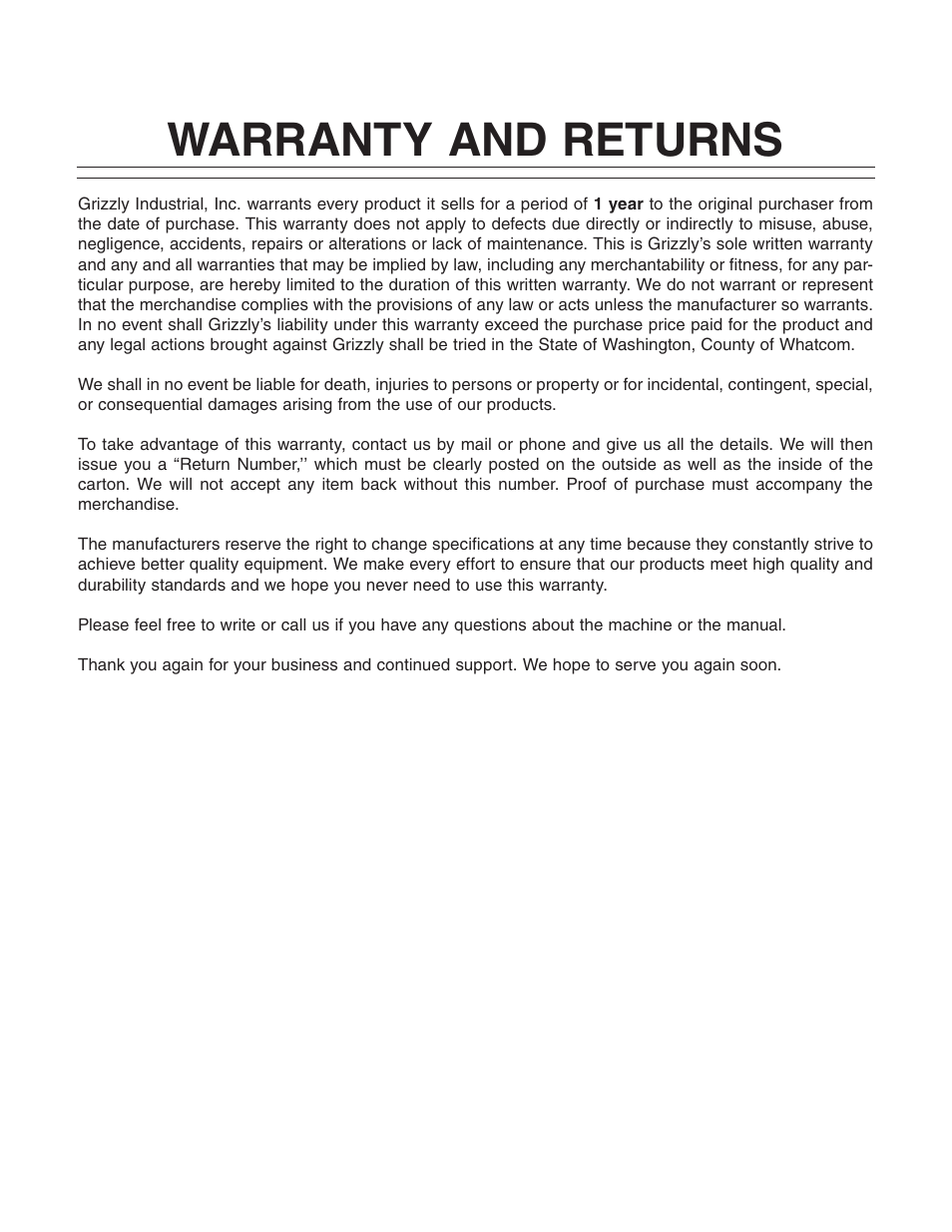 Warranty and returns | Grizzly 18" x 47" Wood Lathe G0733 User Manual | Page 51 / 52