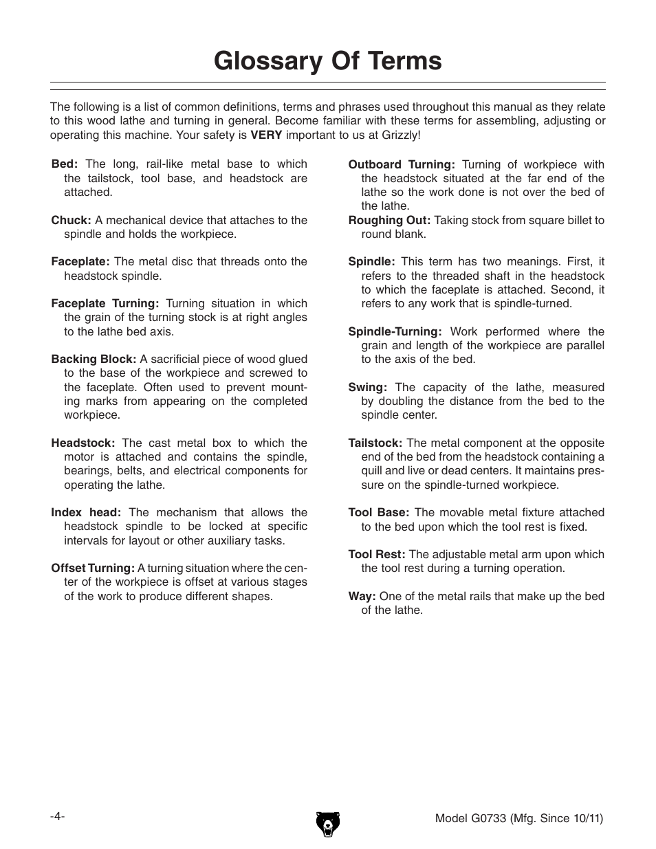 Glossary of terms | Grizzly 18" x 47" Wood Lathe G0733 User Manual | Page 6 / 52