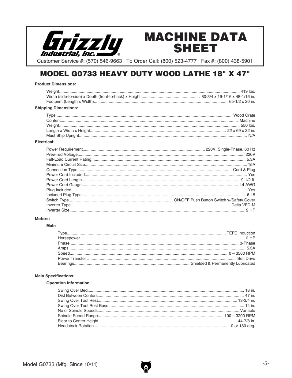 Machine data sheet | Grizzly 18" x 47" Wood Lathe G0733 User Manual | Page 7 / 52