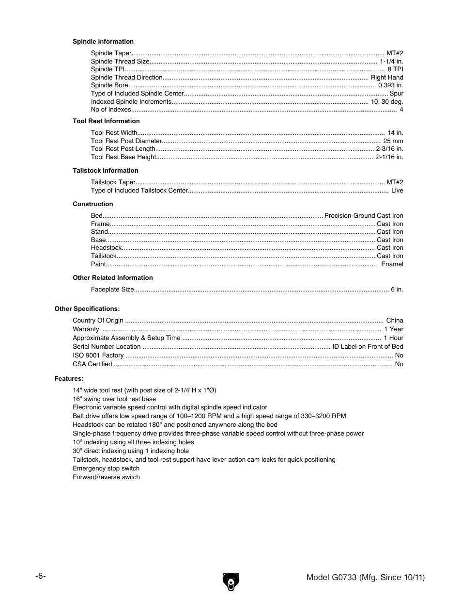 Grizzly 18" x 47" Wood Lathe G0733 User Manual | Page 8 / 52