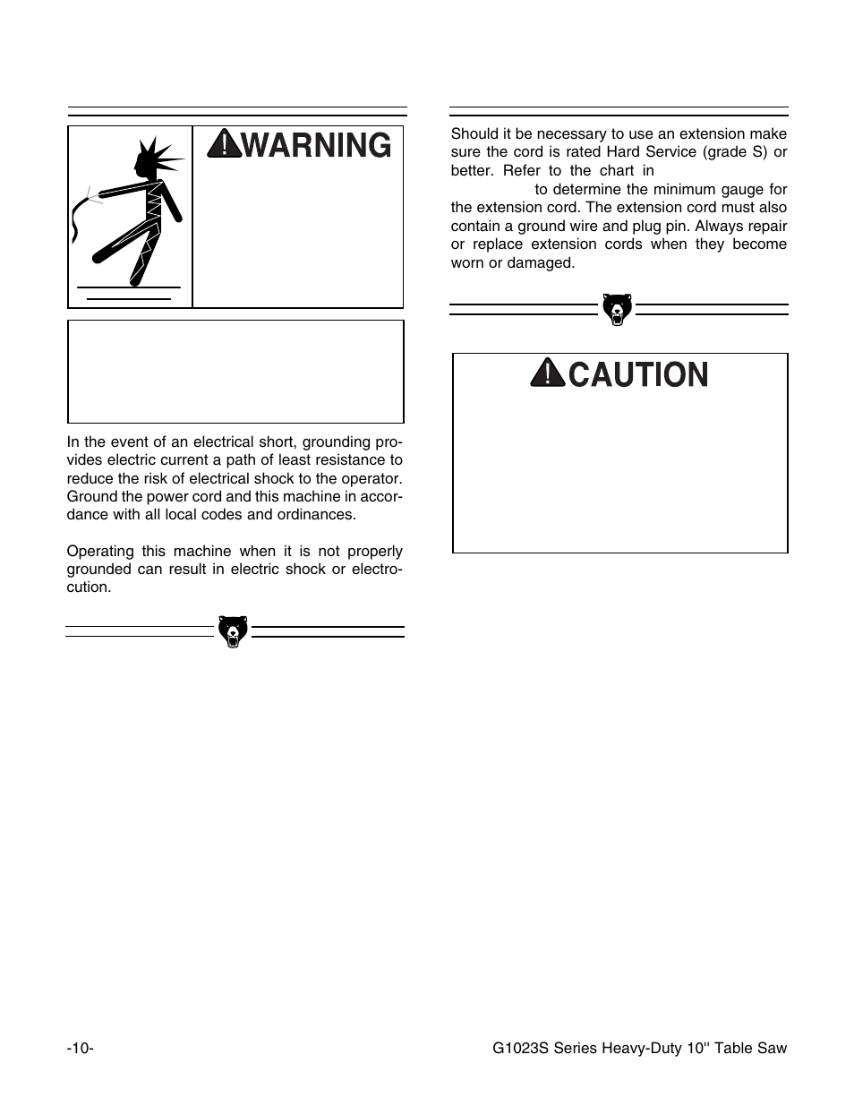 Grounding extension cord, Notice | Grizzly Industrial 10" Heavy Duty Table Saw Model User Manual | Page 12 / 59
