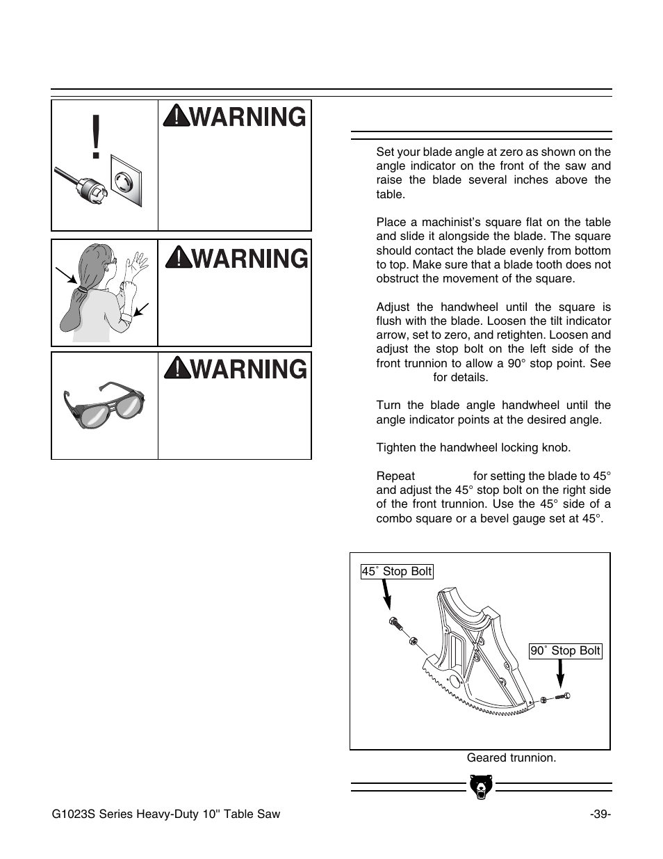 45˚ & 90˚ stops | Grizzly Industrial 10" Heavy Duty Table Saw Model User Manual | Page 41 / 59