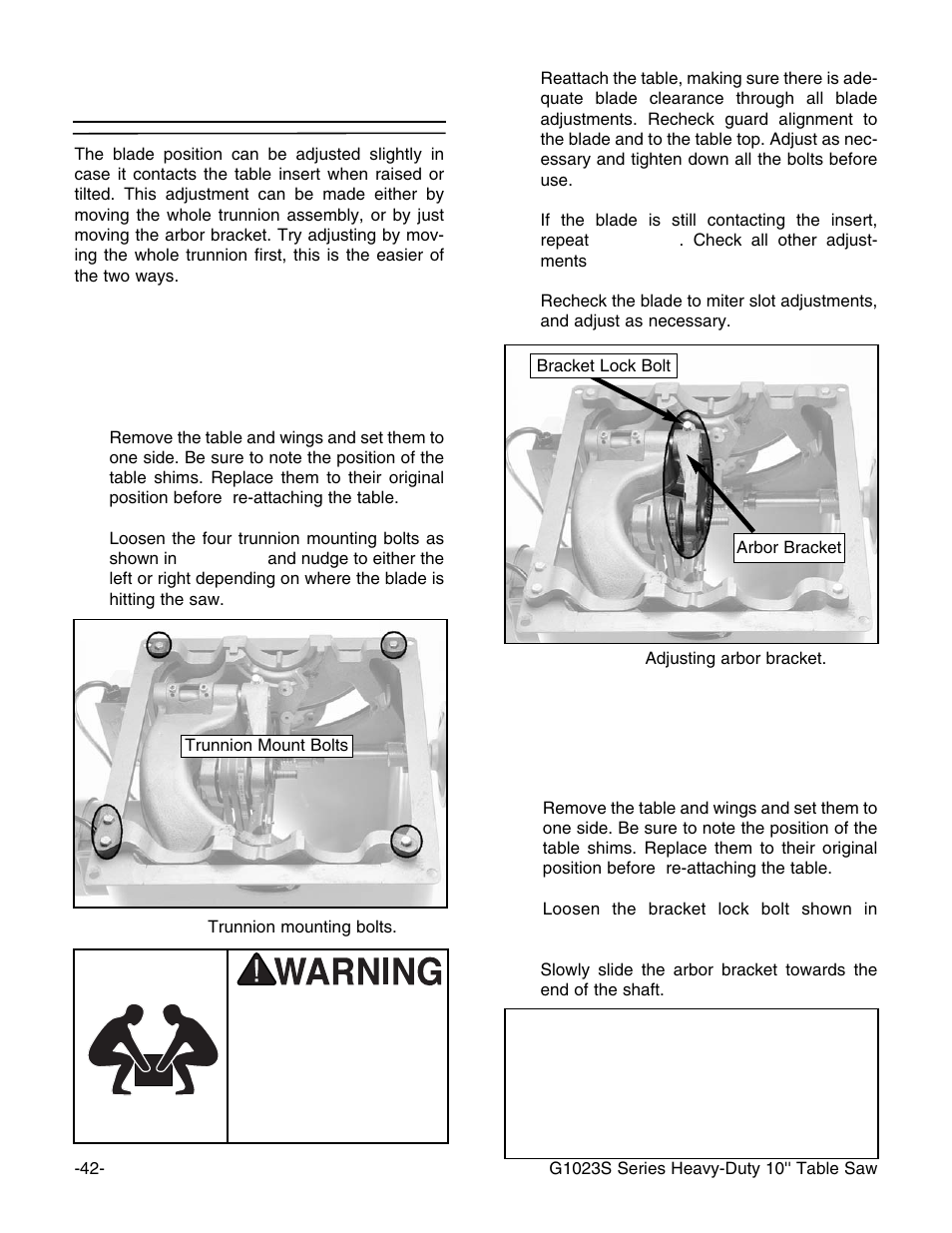 Blade alignment, Notice | Grizzly Industrial 10" Heavy Duty Table Saw Model User Manual | Page 44 / 59