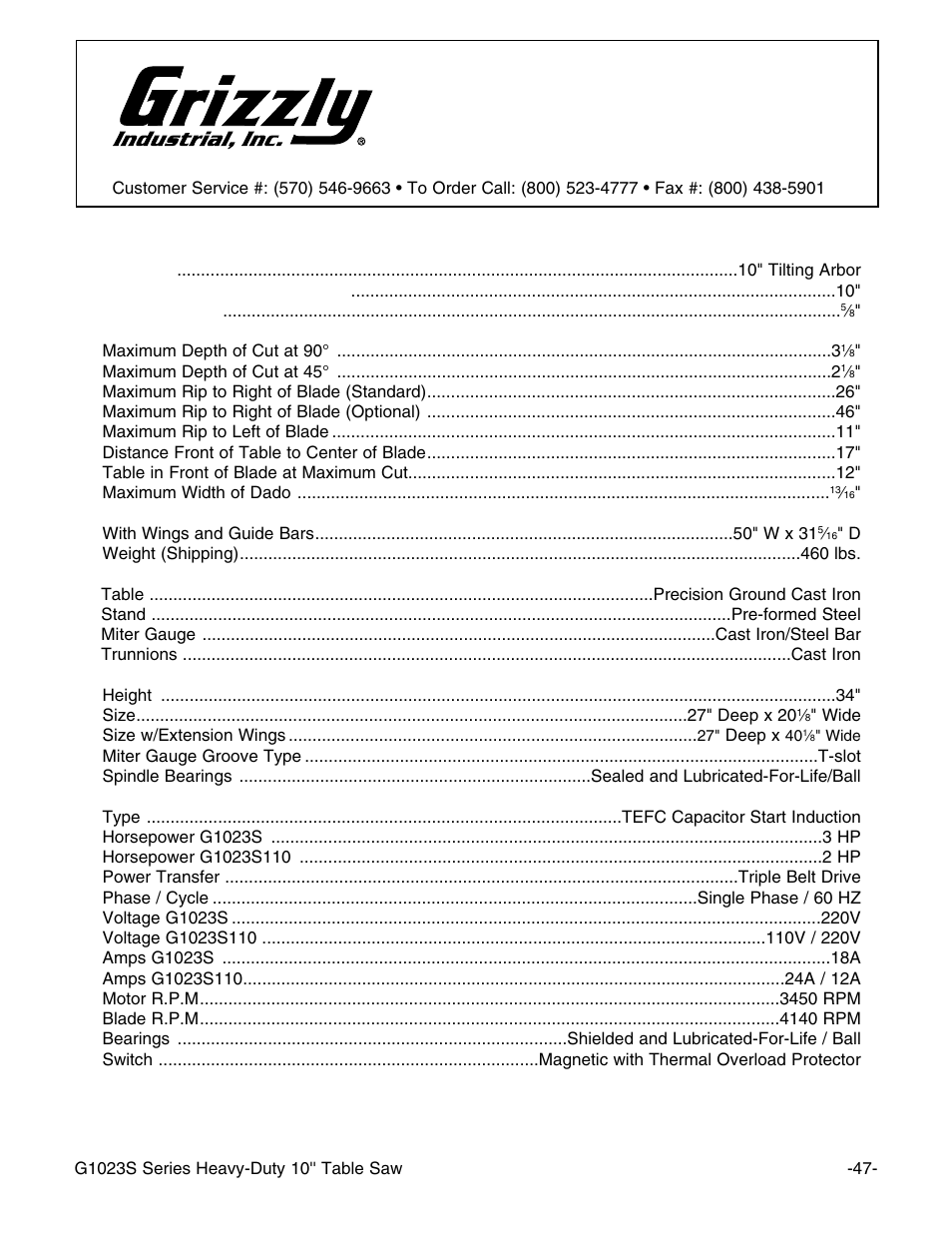 Machine data sheet | Grizzly Industrial 10" Heavy Duty Table Saw Model User Manual | Page 49 / 59
