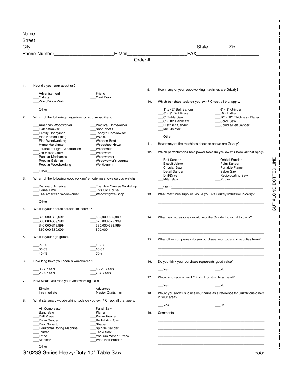Warranty card, Cut along dotted line | Grizzly Industrial 10" Heavy Duty Table Saw Model User Manual | Page 57 / 59