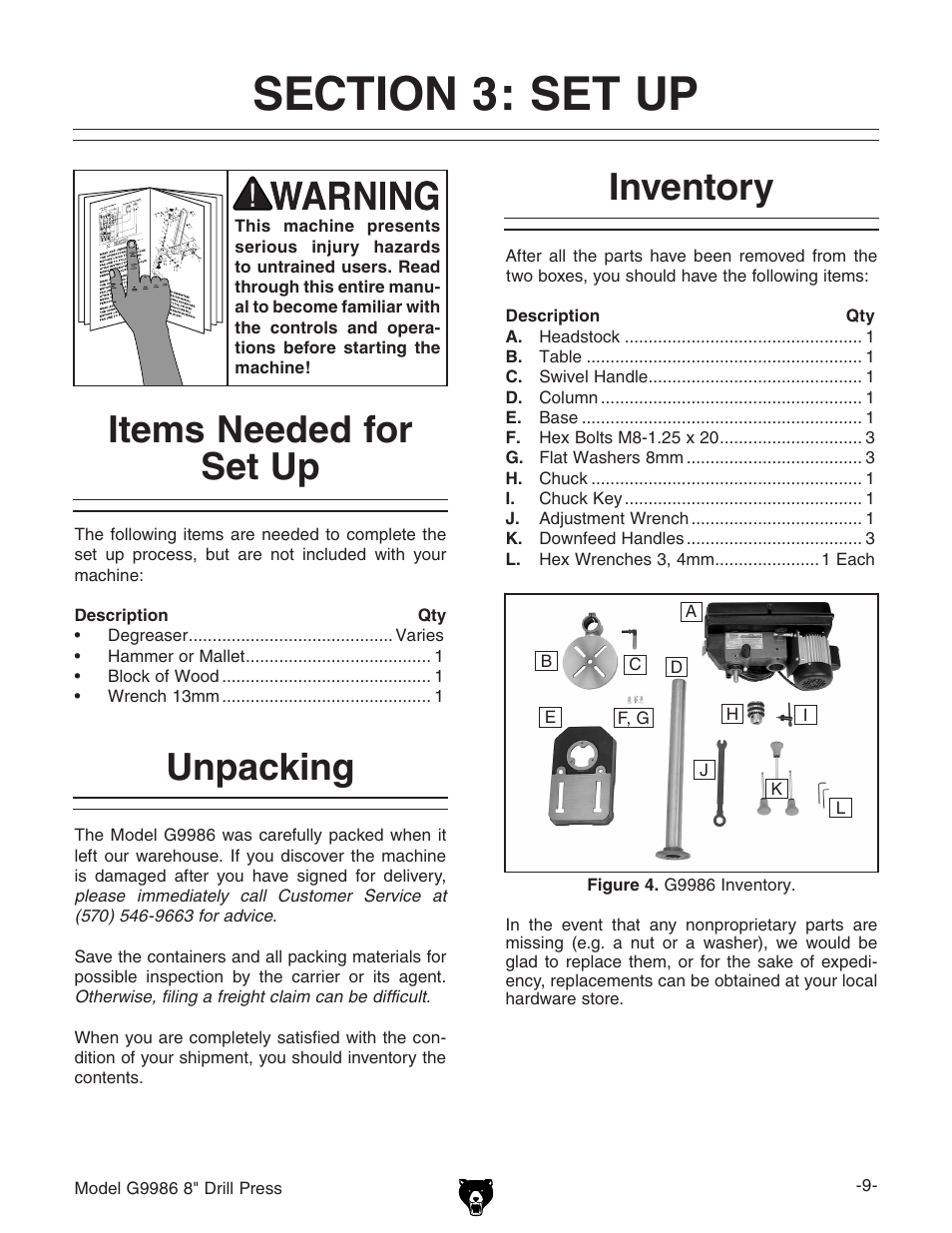 Unpacking, Items needed for set up, Inventory | Grizzly G9986 User Manual | Page 11 / 32