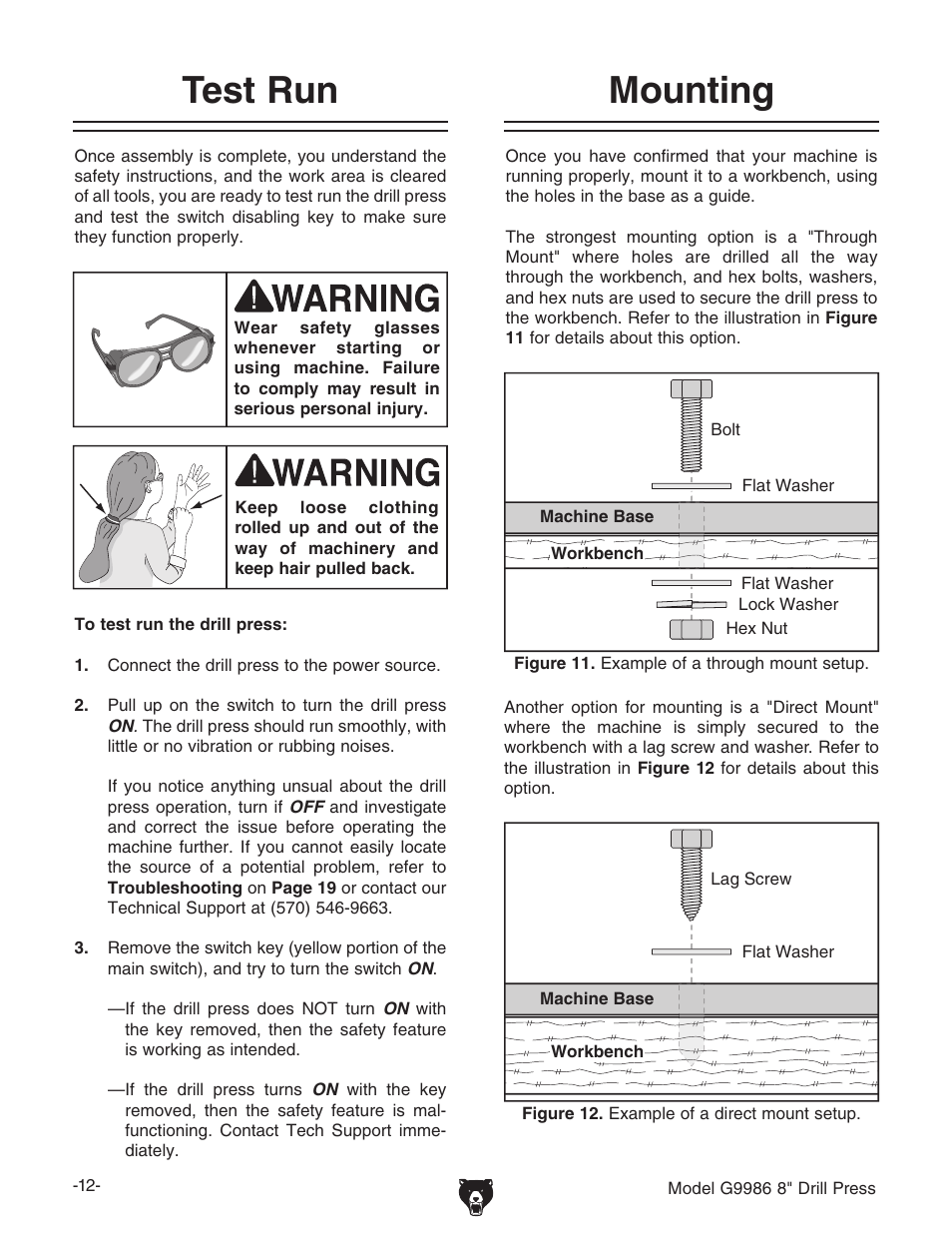 Test run, Mounting | Grizzly G9986 User Manual | Page 14 / 32