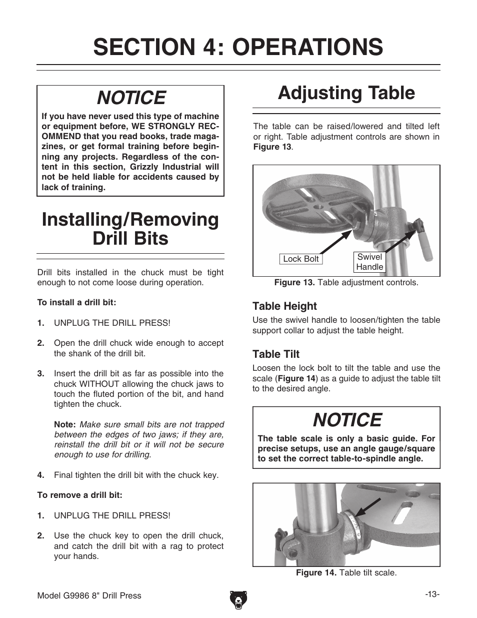 Installing/removing drill bits, Notice, Adjusting table | Grizzly G9986 User Manual | Page 15 / 32