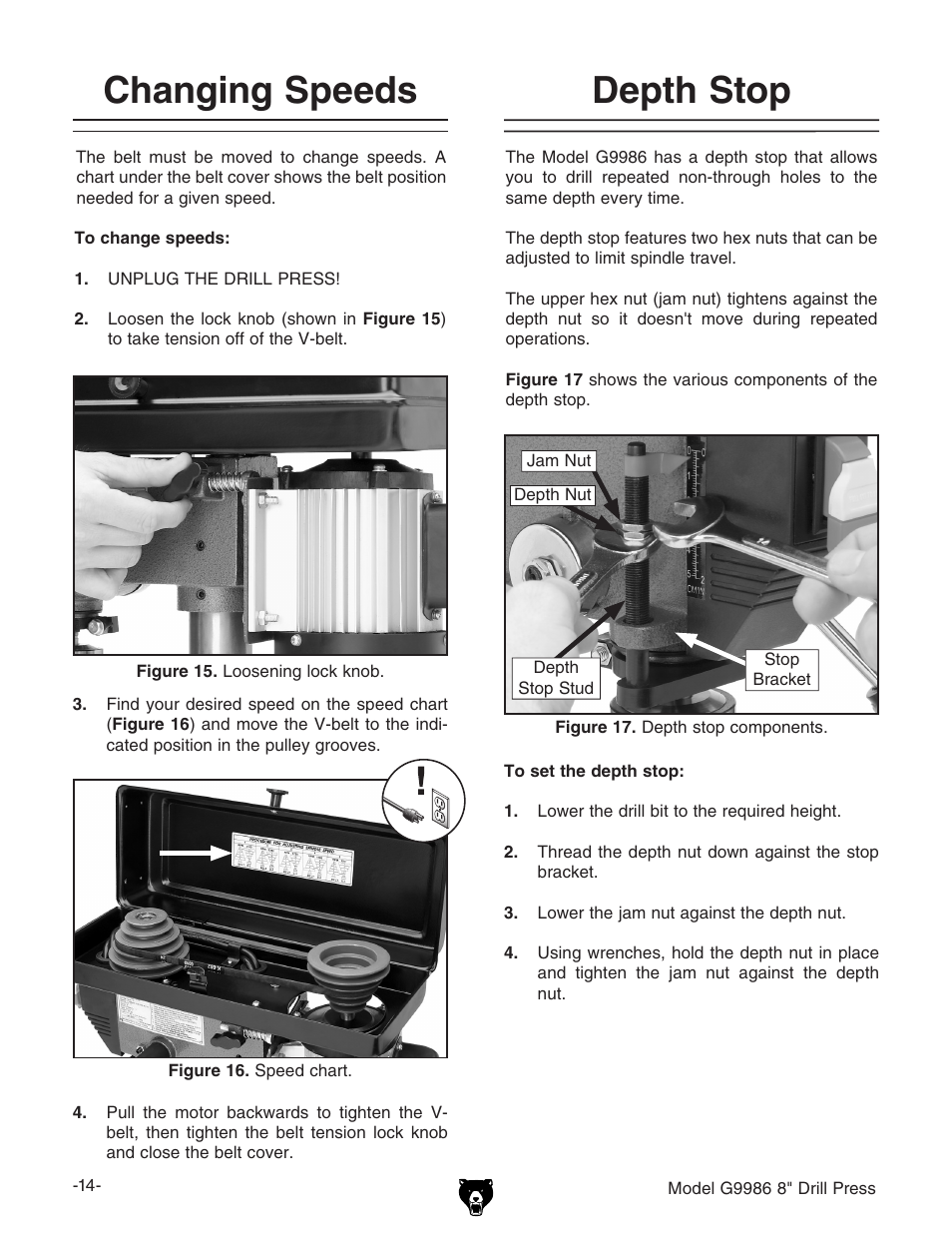 Changing speeds, Depth stop | Grizzly G9986 User Manual | Page 16 / 32