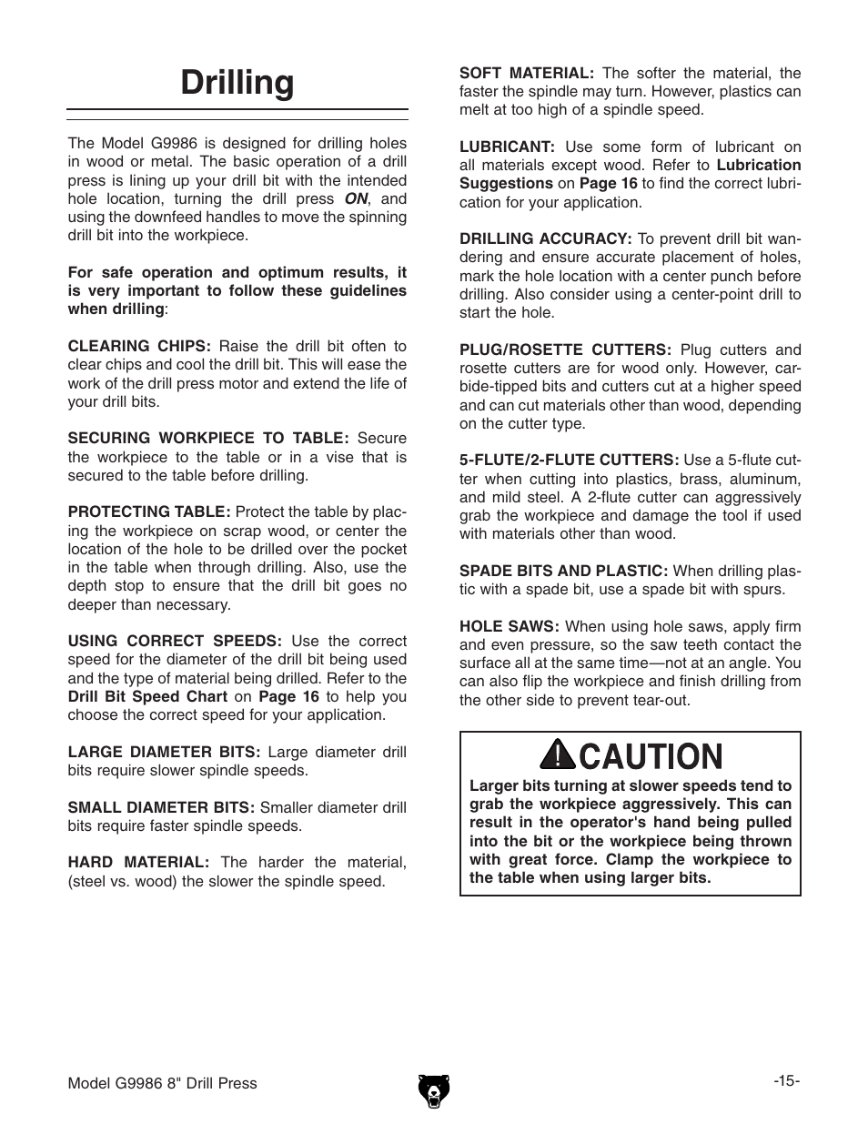 Drilling | Grizzly G9986 User Manual | Page 17 / 32